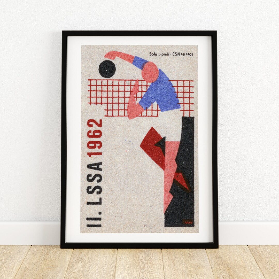 Volleyball Player Jumping Matchbox Print Czech Wall Art Vintage Czech