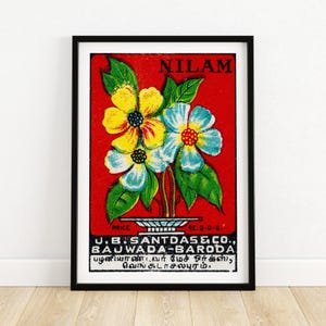 Fleurs jaunes et bleues - impression boîte d'allumettes - art mural esthétique - art indien vintage - affiche murale boîte d'allumettes - impression poster vintage