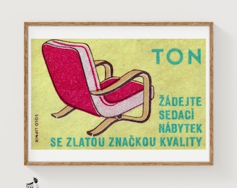 Lámina decorativa con diseño de sillón rojo y caja de cerillas, estilo vintage checo de mediados de siglo (decoración de oficina).