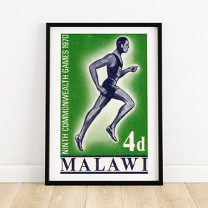 Laufender Athlete - Vintage Malawi Kunst - Briefmarke Druck - Ästhetische Wandkunst - Briefmarke Wand Poster - Vintage Afrikanische Kunst