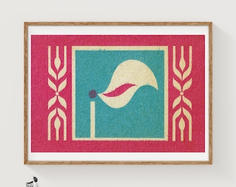 Abstrakt flamma, tändsticksask, konsttryck, polsk vintage från mitten av århundradet (konstnärlig dekor)