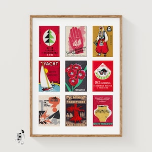Röda tändsticksasketiketter Rutnätstryck, Vintage Ephemera-affisch, Internationell kollektion, Mid-Century-stil, rubinröd affisch