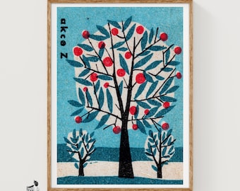 Blue Apple Tree - Vintage Hungarian Matchbox Label Print