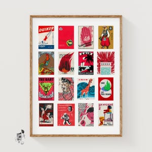 Griglia con etichette di scatole di fiammiferi rosse, stampa di oggetti effimeri vintage, poster da collezione, stile metà secolo, arte murale cremisi - 4#B