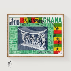 ガーナの木製スツールとマッチ箱のアートプリント、ヴィンテージフォークアート（リビングルームの装飾）