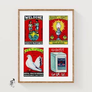 Etiquetas de caixa de fósforos da Índia Vermelha, impressão em grade, pôster vintage efêmero, coleção do sul da Ásia, estilo de meados do século, arte de parede carmesim