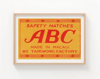 ABC Säkerhetständstickor Macau Vintage Matchbox Etiketttryck, Vintage Utskrivbar Väggkonst | Digital Nedladdning