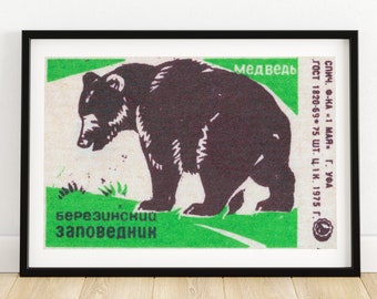 Black Bear - Matchbox Print - Aesthetic Wall Art - Vintage Eastern Europe Art - Matchbox Wall Poster - Vintage Poster Print