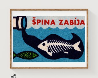 Föroreningar dödar fiskar Tändsticksask konsttryck, tjeckisk vintage folkkonst (väggdekor)
