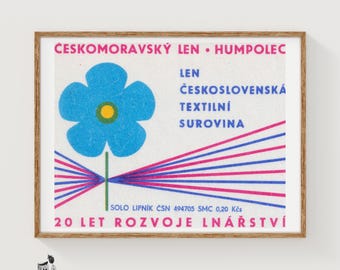 Floral Matchbox Art Print, Czech Vintage Modernist (Blue Flower Decor)