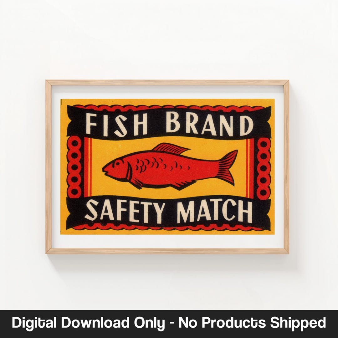 Fish Red Yellow Vintage Matchbox Label - Retro Illustration Digital ...
