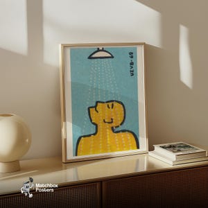 Mężczyzna pod prysznicem – czeski plakat vintage z pudełka zapałek, wydruk na pudełku zapałek, wydruk artystyczny, dekoracja łazienki, sztuka ścienna, plakat do łazienki zdjęcie 2