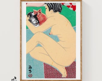 Nude Figure Holding Two Cats 1920s-30s Matchbox Label - Vintage Art Print | Folk Art