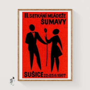 Silhouette Of Two Figures Czechoslovakia 1960s-70s Matchbox Label - Vintage Art Print | Modernist