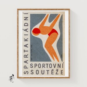 Swimmer Diving into Water - Matchbox Print - Czech Wall Art - Vintage Czech Art - Matchbox Wall Poster - Vintage Poster Print