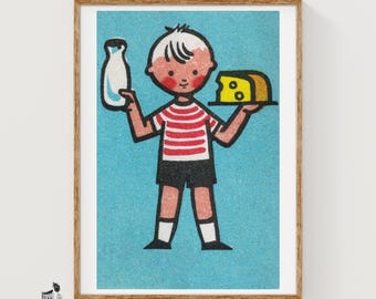 Boy with Milk and Cheese Matchbox Art Print, Czechoslovakian Vintage Folk Art (Kitchen Decor)
