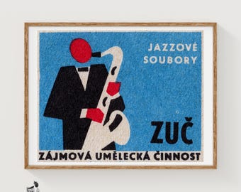 Saxofonspelare Matchbox konsttryck, tjeckisk vintagemodernist (musikrumsdekor)