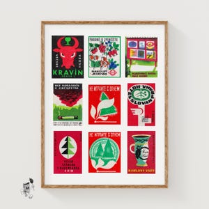 Etichette di scatole di fiammiferi rosse e verdi, stampa a griglia, poster vintage, collezione internazionale, stile Mid-Century, arte murale cremisi