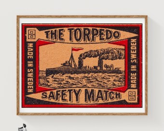 Steamship Matchbox Art Print, Swedish Vintage Folk Art (Industrial Decor)