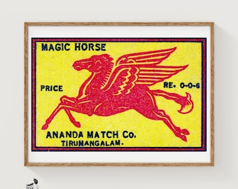 Red Winged Horse Matchbox Art Print, Indian Vintage Folk Art (Playful Decor)