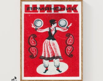 Dancer with Tambourines Matchbox Art Print, Russian Vintage Folk Art Decor (Office Decor)