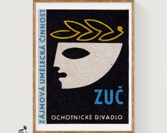 Theater Mask Matchbox Art Print, Czech Vintage Modernist (Folk Art Decor)