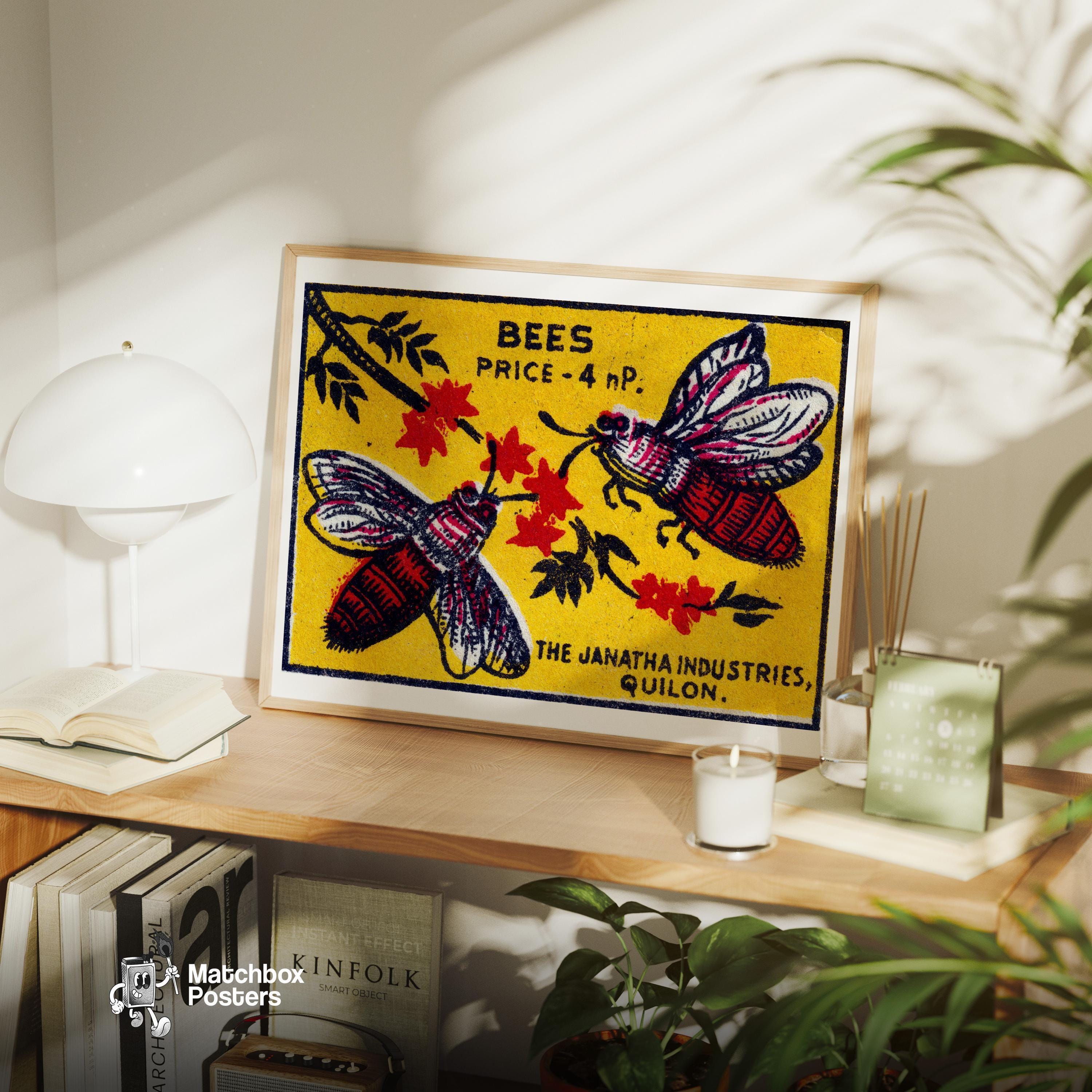 Two Bees Matchbox Art Print, Indian Vintage Folk Art (playful