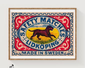Running Dog - Matchbox Print - Sweden Wall Art - Vintage Sweden Art - Matchbox Wall Poster - Vintage Poster Print