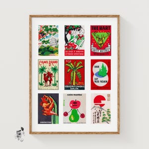 Czerwone i zielone etykiety na pudełka zapałek, wydruk w kratkę, plakat vintage, kolekcja międzynarodowa, styl połowy wieku, szmaragdowa sztuka ścienna