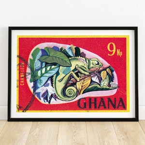 Camaleón - Arte antiguo de Ghana - Impresión de sellos postales - Arte mural estético - Póster de sellos postales - Arte africano antiguo