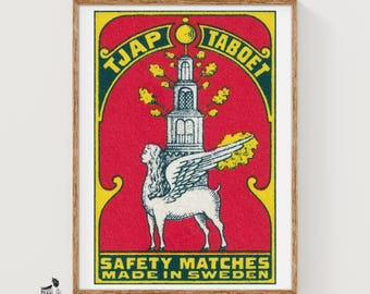 Winged Lion Sweden 1920s-30s Matchbox Label - Vintage Art Print | Folk Art