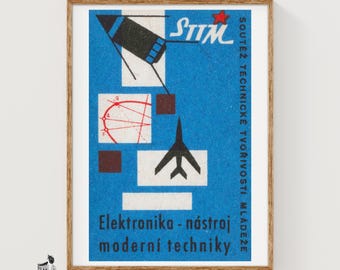 Rocket and Airplane Matchbox Art Print, Czechoslovakian Vintage Modernist (Industrial Decor)