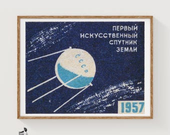 Grafika artystyczna z satelitą Sputnik w pudełku zapałek, rosyjska propaganda vintage (dekoracja biurowa)