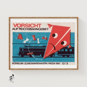 Kite Over Train Tracks - Matchbox Print - Aesthetic Wall Art - Vintage Eastern Europe Art - Matchbox Wall Poster - Vintage Poster Print