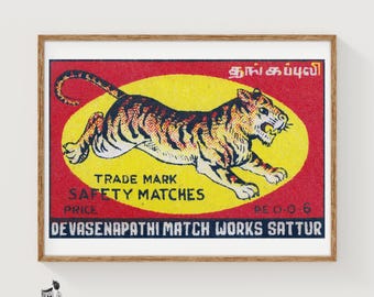 Leaping Tiger Matchbox Art Print, Indian Vintage Folk Art (Nostalgic Decor)