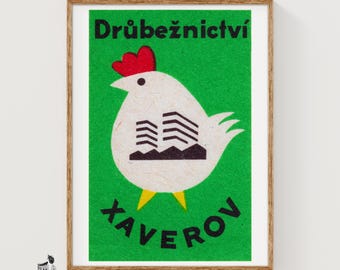 Chicken Matchbox Art Print, Czech Vintage Folk Art (Playful Decor)