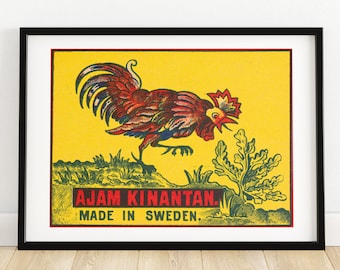 Rooster - Matchbox Print A4 Size - Sweden Wall Art - Vintage Sweden Art - Matchbox Wall Poster - Vintage Poster Print
