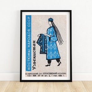 Mulher Uzbequistanesa - Impressão de Caixa de Fósforos - Arte Estética de Parede - Arte Vintage da Europa Oriental - Pôster de Parede de Caixa de Fósforos - Impressão de Pôster Vintage