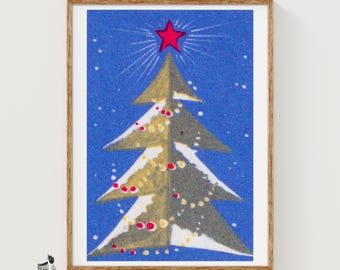 Etiqueta de caja de cerillas con árbol de Navidad estilizado de mediados de siglo - Lámina artística vintage / Arte popular