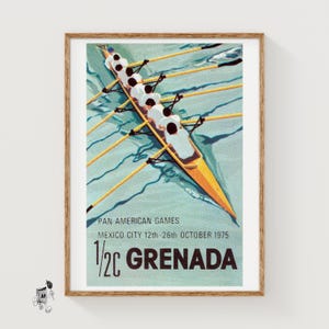 Lámina decorativa con diseño de equipo de remo en caja de cerillas, estilo vintage lituano de mediados de siglo (Decoración deportiva)