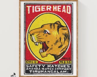 Tiger Head Matchbox Art Print, Indian Vintage Folk Art (Industrial Decor)
