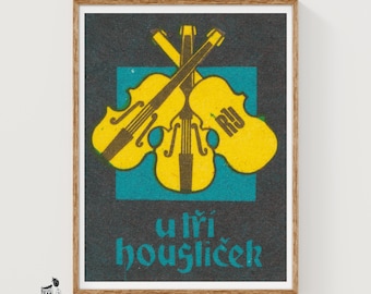 Three Violins Matchbox Art Print, Czechoslovakian Vintage Mid Century (Music Decor)