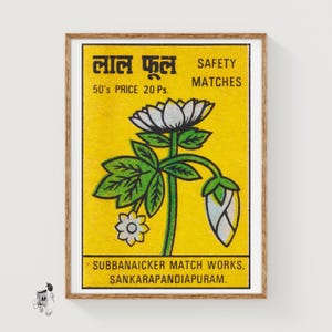 White Flowers - Matchbox Print - India Wall Art - Vintage India Art - Matchbox Wall Poster - Vintage Poster Print
