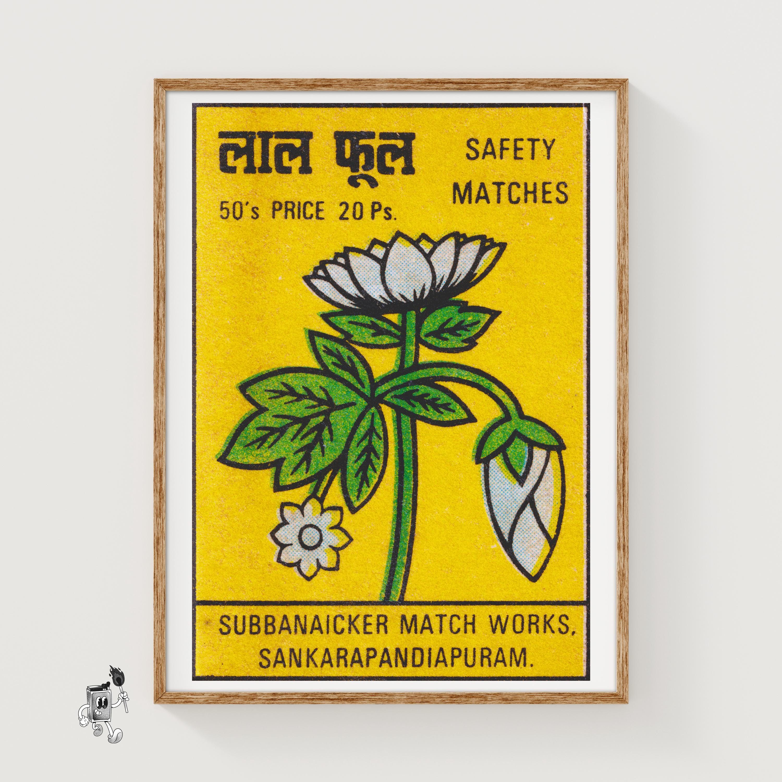 White Flowers - Matchbox Print - India Wall Art - Vintage India Art - Matchbox Wall Poster - Vintage Poster Print