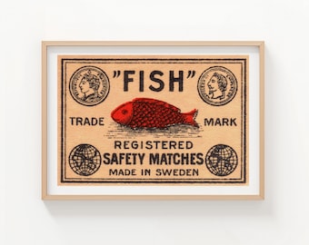 Red Fish Zweden Matchbox Zweedse Vintage Matchbox Label Print | Art deco tijdperk vis muurdecoratie | Digitale download op A4-formaat