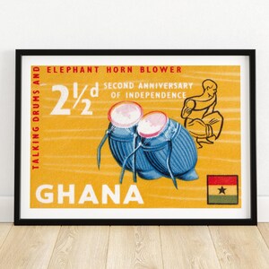 Afrikanische Trommeln Blau - Vintage Ghana Kunst - Briefmarke Druck - Ästhetische Wandkunst - Briefmarke Wand Poster - Vintage Afrikanische Kunst