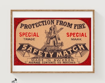 Windmill - Matchbox Print - Sweden Wall Art - Vintage Sweden Art - Matchbox Wall Poster - Vintage Poster Print