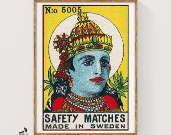 Vishnu Matchbox Art Print, Swedish Vintage Folk Art (Deity Decor)