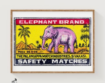 Roze olifant - luciferafdruk - esthetische muurkunst - vintage Indiase kunst - muurposter luciferdoosje - vintage posterafdruk