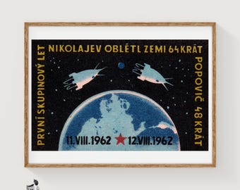 Spacecraft Orbiting Earth Matchbox Art Print, Czech Vintage Propaganda (Office Decor)